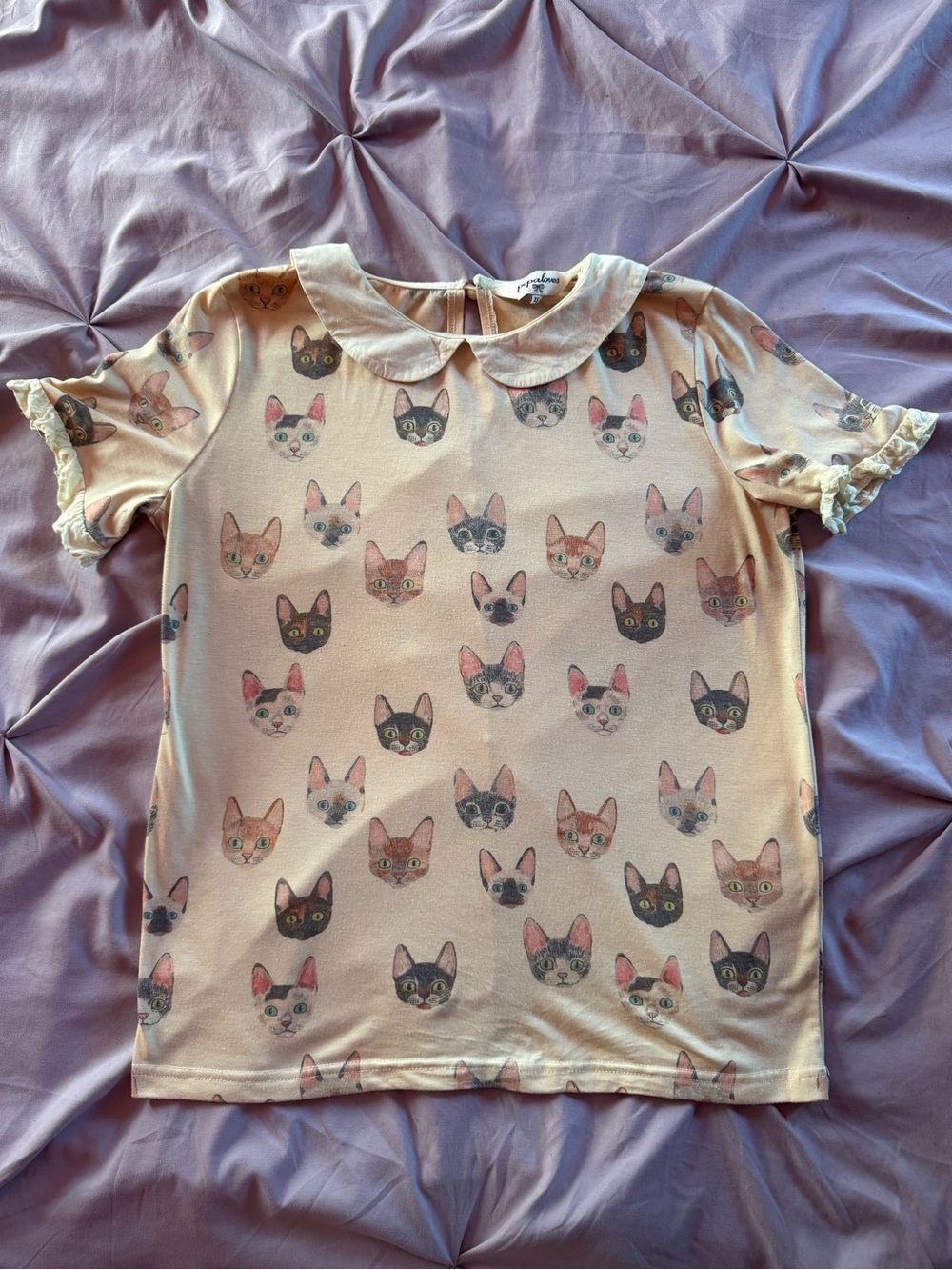 Pepaloves Kitty Print Peter Pan Collar Top - XS